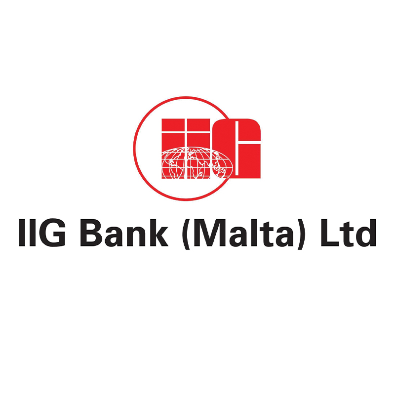 IIG Bank (Malta) LTD. Red logo with I G and large circle with world super imposed