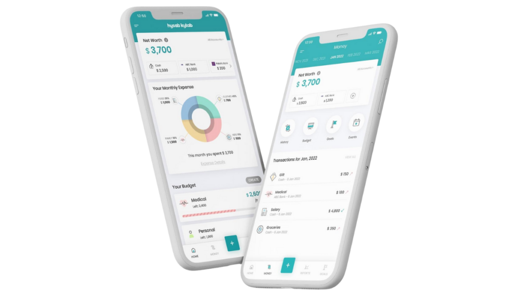 Two smartphones display a financial app interface showing net worth, a colorful expense chart, and transaction history. The design is modern and organized.
