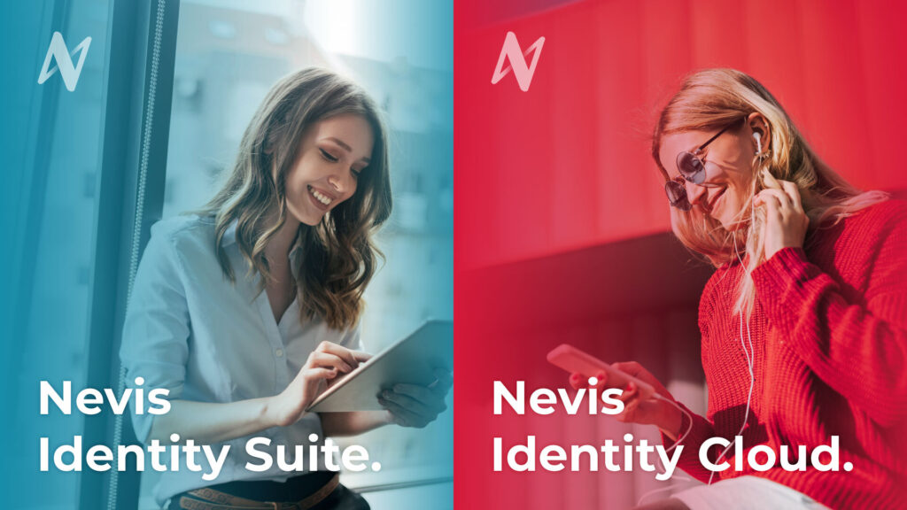 A woman smiles while using a tablet, set against a blue background with "Nevis Identity Suite" text. Right side: Another woman listens to music on a phone in a red background with "Nevis Identity Cloud" text. 