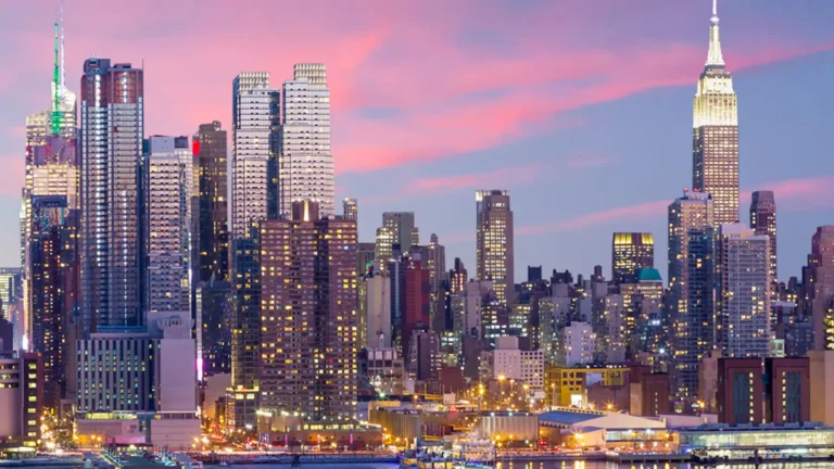 Cityscape of US city at sunset