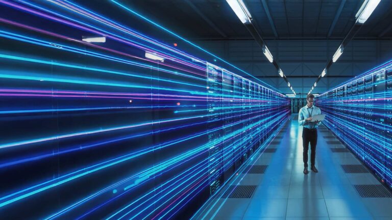 Man standing in the background in the center of a server room, purple and blue lines are whizzing either size of him to represent the transfer of information.
