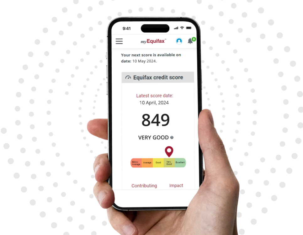 Hand holding a phone showing a latest Equifax credit score 