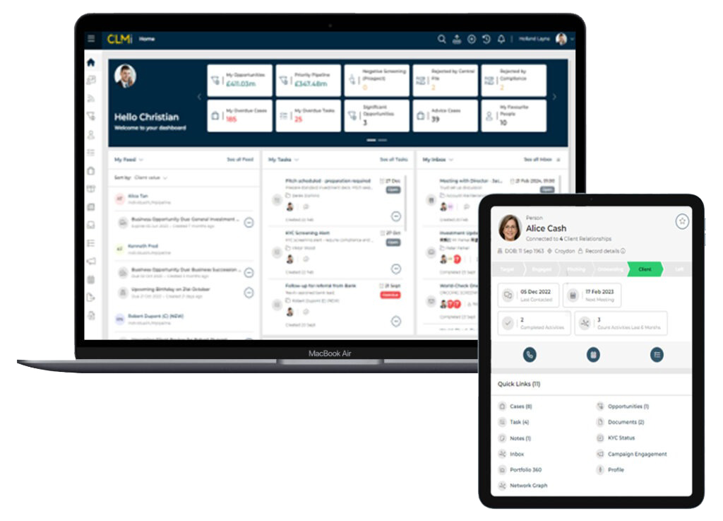 Laptop and tablet displaying a CRM dashboard with user-friendly interface. The screens show client interactions, tasks, and data analytics features.
