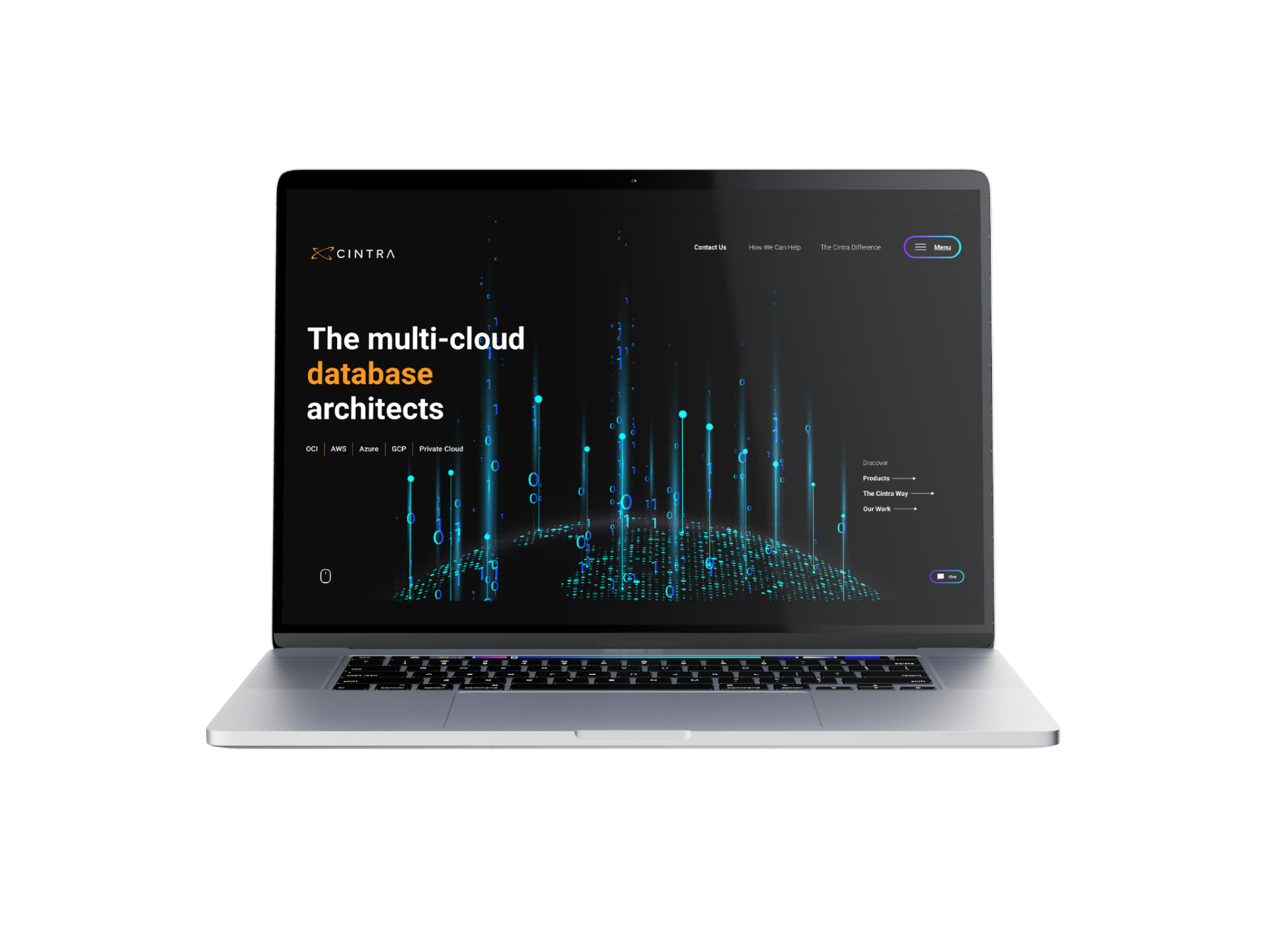 Laptop displaying a webpage with the text “The multi-cloud database architects” and digital data visuals. Keywords: multi-cloud, database, technology.