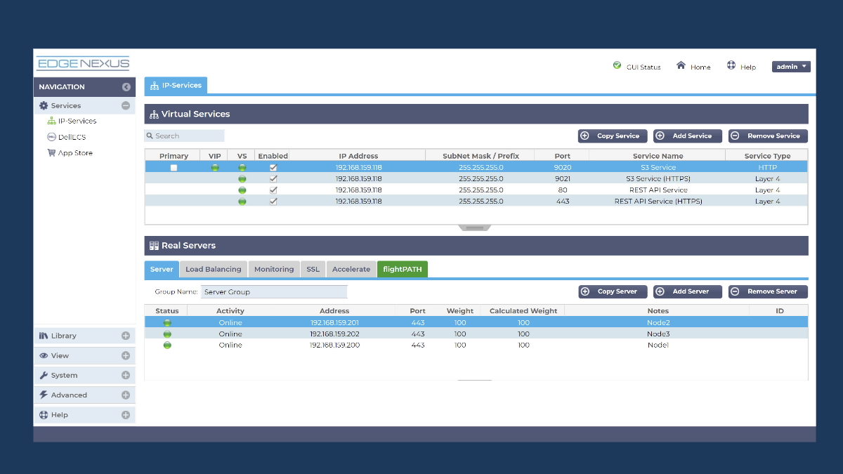 Admin interface showing virtual services with IP addresses and server statuses. Tabs include Load Balancing and SSL. Clean, professional layout.
