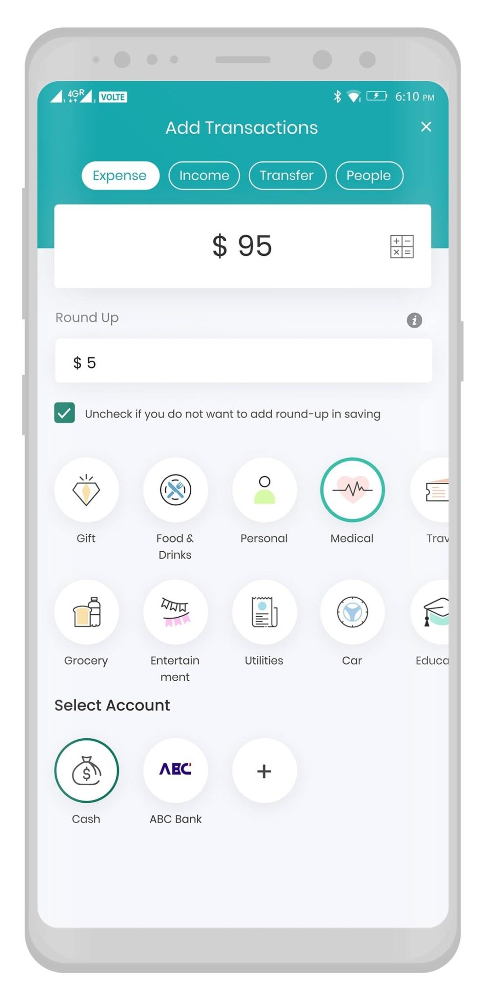 Mobile app screen showing "Add Transactions" with tabs for Expense, Income, Transfer, People. Categories include Gift, Food, Medical. Amount is $95.