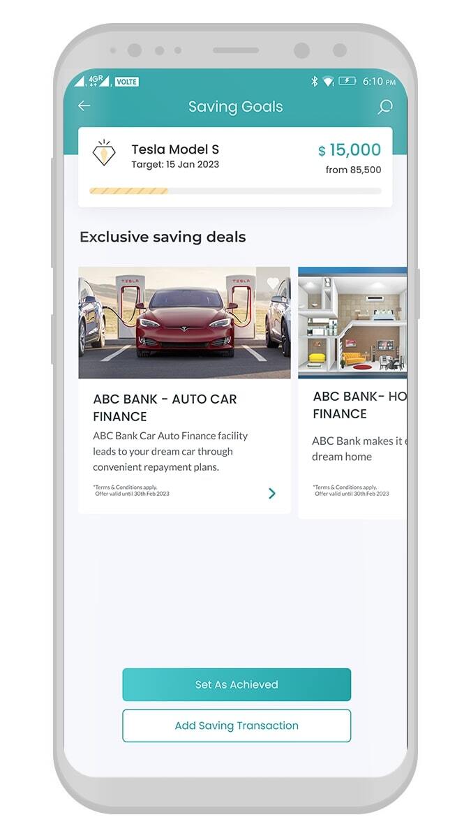 Smartphone screen displaying a savings app. The goal is saving $15,000 for a Tesla Model S by January 2023. Offers include auto finance from ABC Bank. Options for setting goals as achieved or adding transactions are visible at the bottom.
