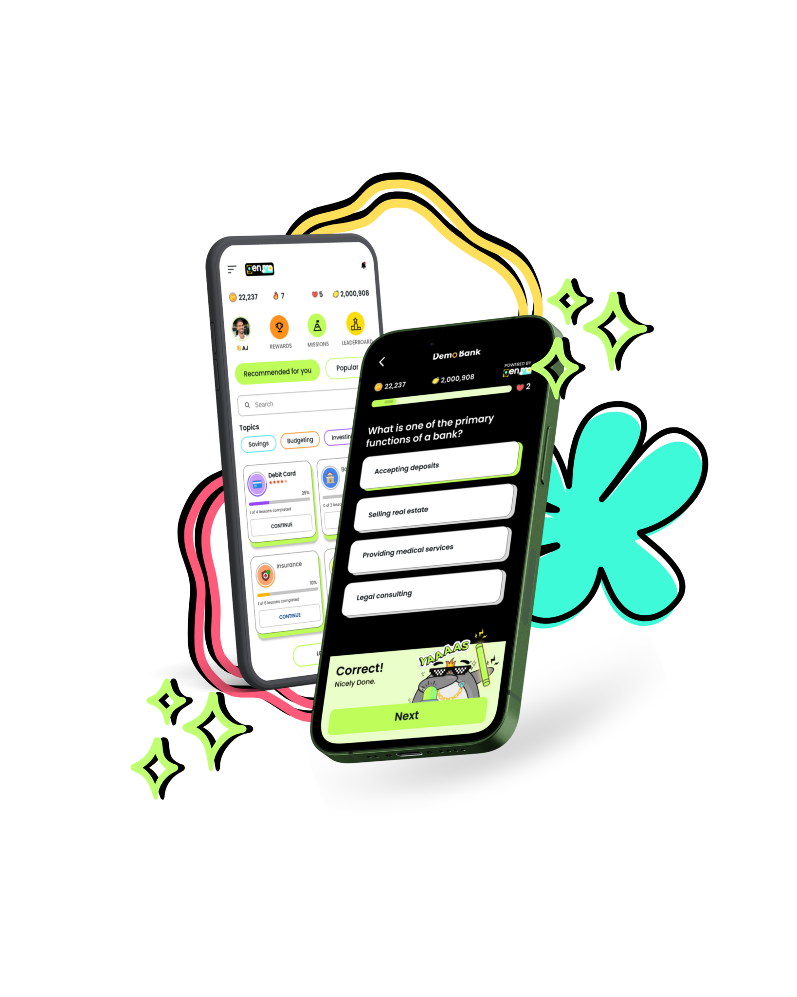 Two smartphones showing a financial app interface; one displays quiz results with "Correct!" highlighted, the other shows user rewards. Bright, playful design.