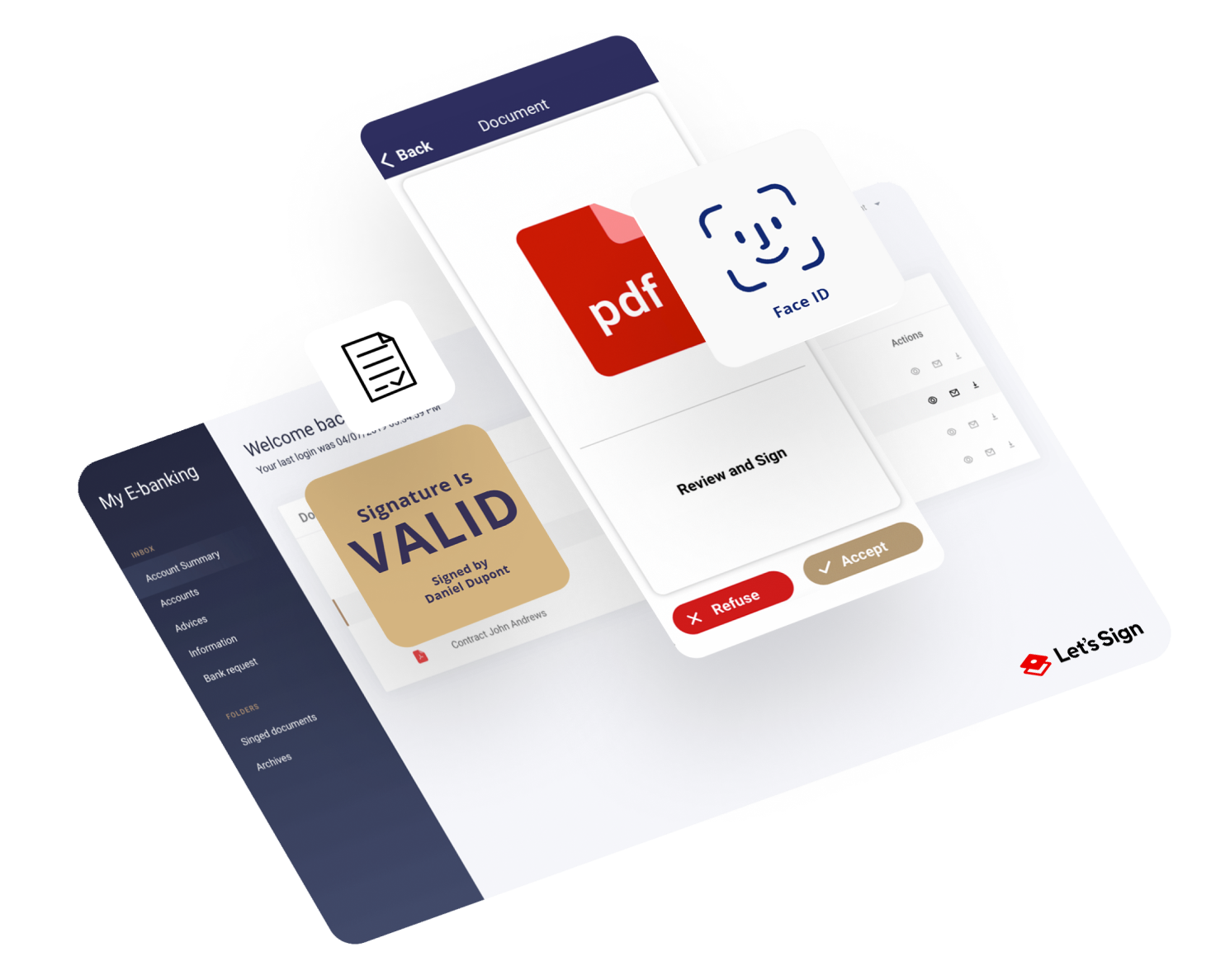 Digital banking interface with a focus on document signing. Features include a valid signature notice, PDF icon, Face ID, and 'Accept' or 'Refuse' options. The interface conveys a secure and efficient e-banking environment.