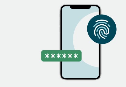 Smartphone with a fingerprint icon and a green password box displaying asterisks, symbolizing biometric and password security. Minimalistic design.