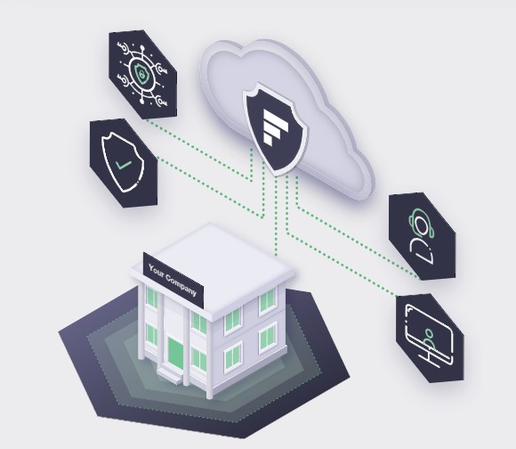 Illustration of a company building connected to a cloud with a shield icon. Surrounding icons represent tech, security, and digital tools.