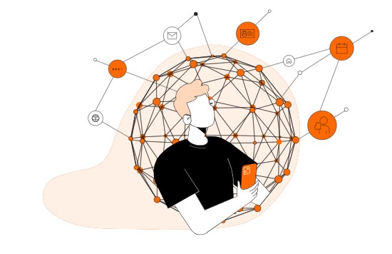 A person holds a smartphone, surrounded by a connected network of orange and black nodes, representing digital communication and networking.