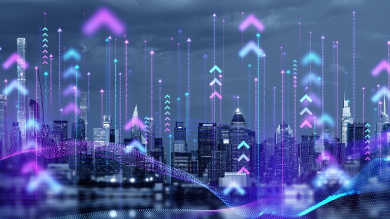 Technology themed background with upwards arrows.