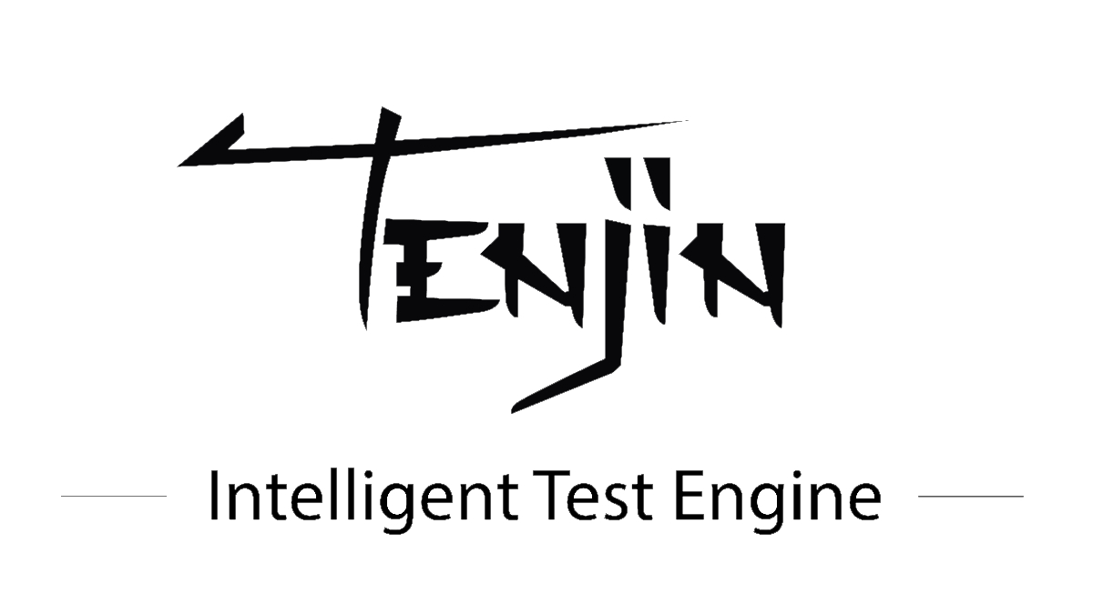 Stylized black text reads "Tenjin" with sharp, modern kanji-inspired lines. Below, smaller text states "Intelligent Test Engine" on a white background.