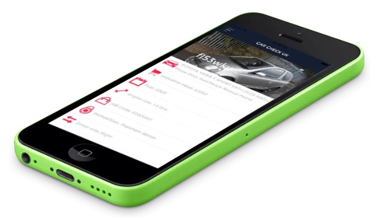 A green smartphone displays a car-check app, featuring a silver car image with its details like make, model, and price. The tone is informative.