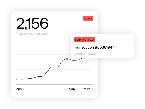 Graph showing 2,156 transactions monitored, with a notable spike. An alert highlights a romance scam transaction #05381947 on January 2.