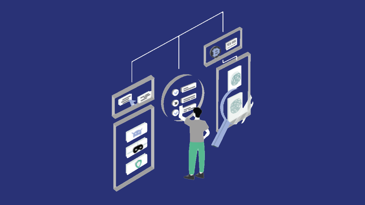 Illustration of a person interacting with digital interfaces on a blue background. Features include checkmarks, icons, and a magnifying glass symbolizing analysis.