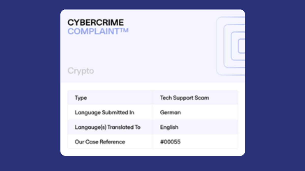 Cybercrime complaint form with blue background. Text indicates a tech support scam submitted in German, translated to English, case reference #00055
