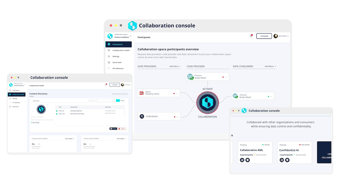 Three screenshots of a digital collaboration console interface