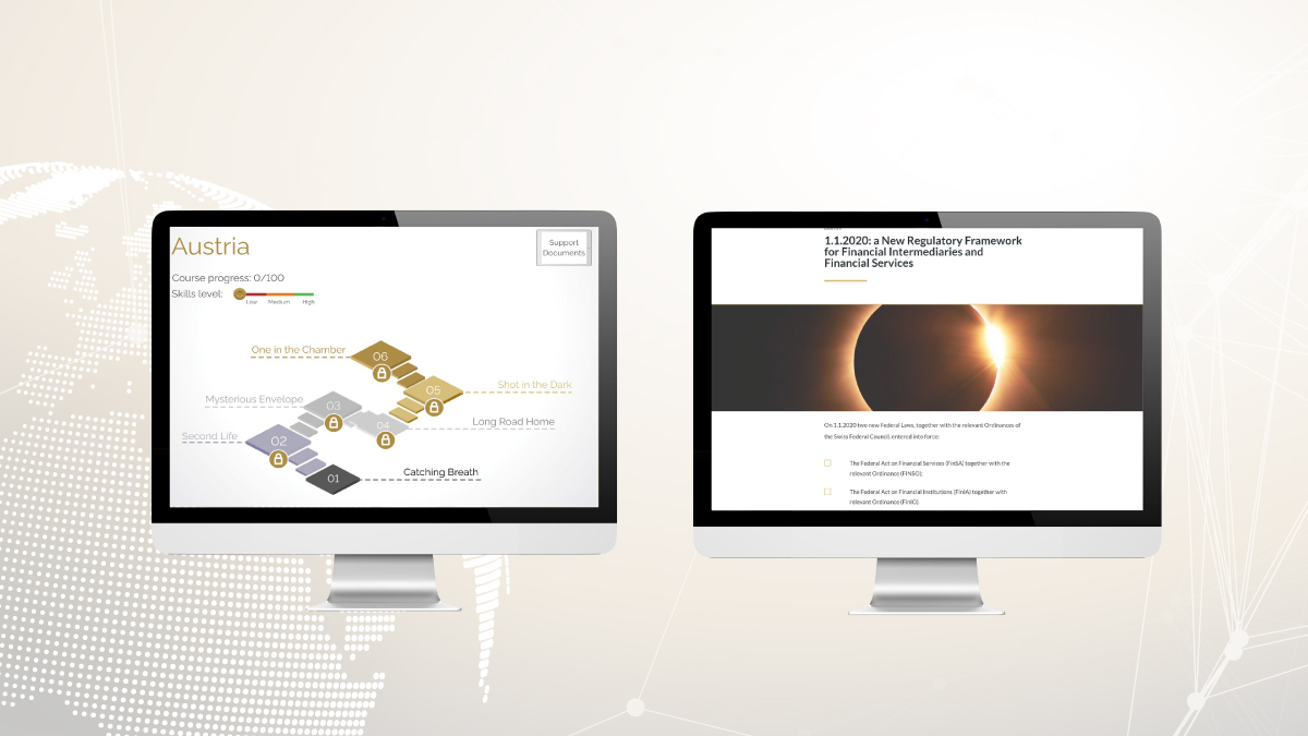 Two computer screens display distinct educational content. The left screen shows a course progress map titled "Austria" with skills levels and locked tasks. The right screen features an eclipse image with text about financial regulatory frameworks. The background is a subtle world map, conveying a global learning theme.