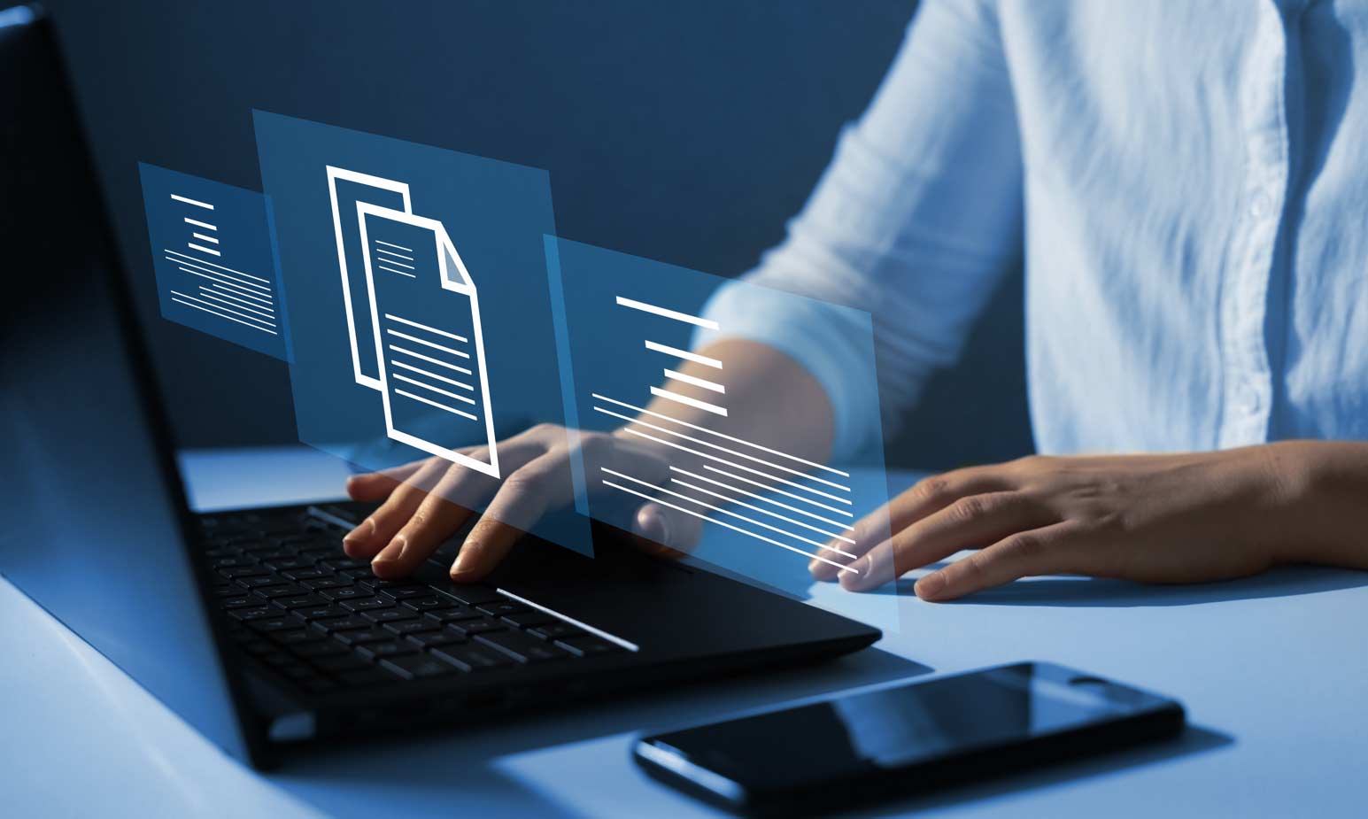 Person typing on a laptop in a dimly lit room, with digital document icons floating above the keyboard, conveying a tech-focused, futuristic vibe.