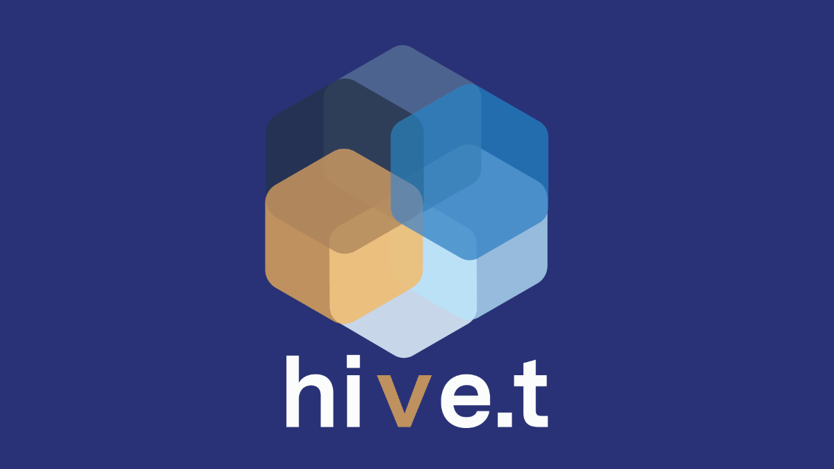 Hexagonal logo with overlapping blue and beige cubes on a dark blue background, above the white text "hive.t". Modern and minimalist design.