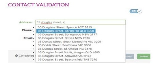 Contact validation form with an address field displaying suggestions. '35 Douglas Street, Spring Hill QLD 4000' is highlighted. Toggle switch is on