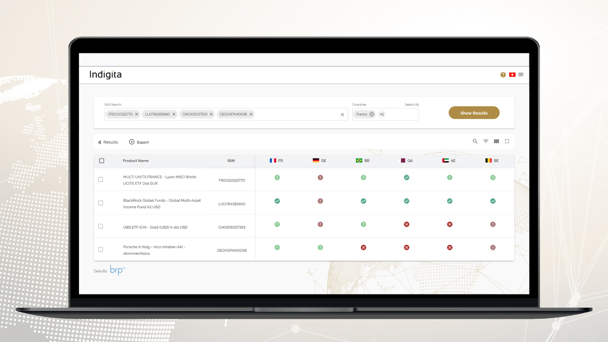 Laptop screen displaying a financial interface with search and filter options. A table shows investment products and country flags indicating availability. The tone is professional.