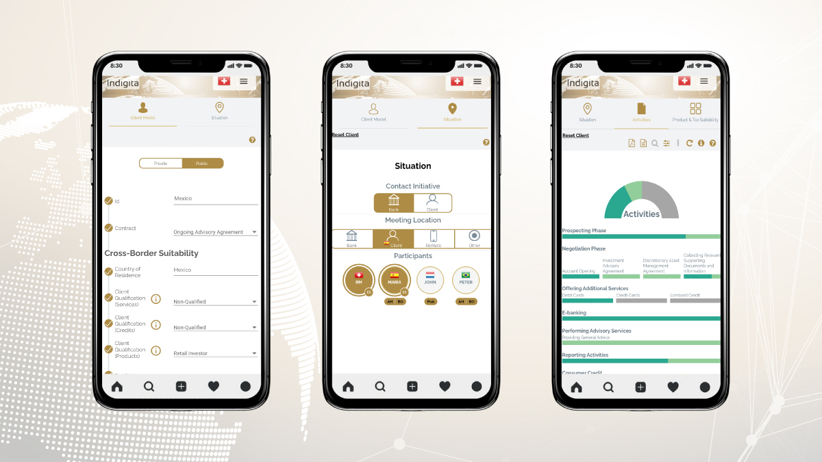 Three smartphones display different screens of a financial app. Left: Client details; Middle: Meeting logistics; Right: Activity progress chart. Background has a subtle world map.
