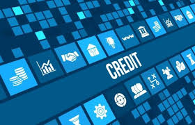 Blue digital interface with various finance-related icons and the word "CREDIT" prominently displayed. Icons include graphs, handshake, and money symbols.