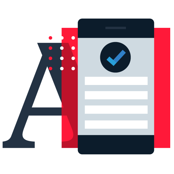A smartphone displaying a checklist with a blue checkmark beside a large letter "A" and red elements, conveying completion and technology themes.