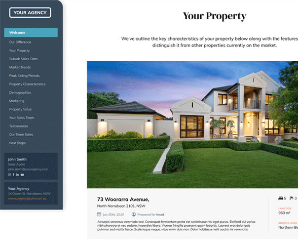 Real estate brochure displaying a modern two-story house at dusk with lit windows, lush green lawn, and text about a property in North Narrabeen.