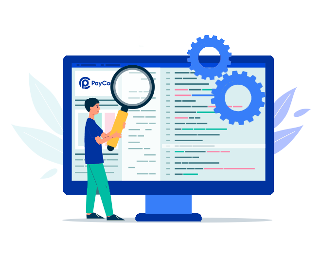 Illustration of a person holding a magnifying glass in front of a large monitor displaying code, labeled "PayCo." Two gears symbolize processing.