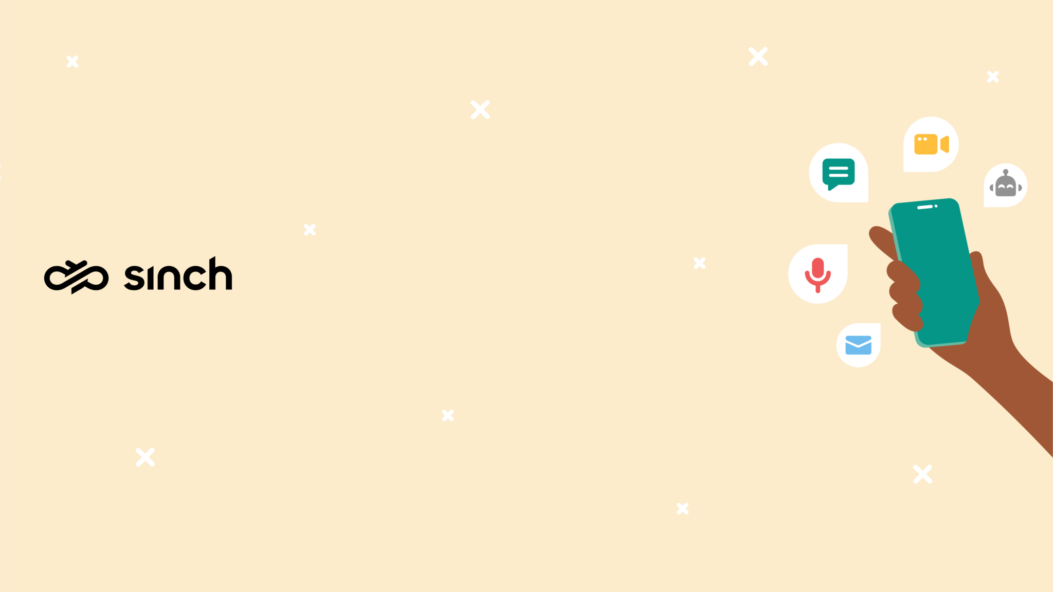 Hand holding a smartphone with icons for messaging, video, voice, email, and AI on a light beige background; "Sinch" logo on the left.