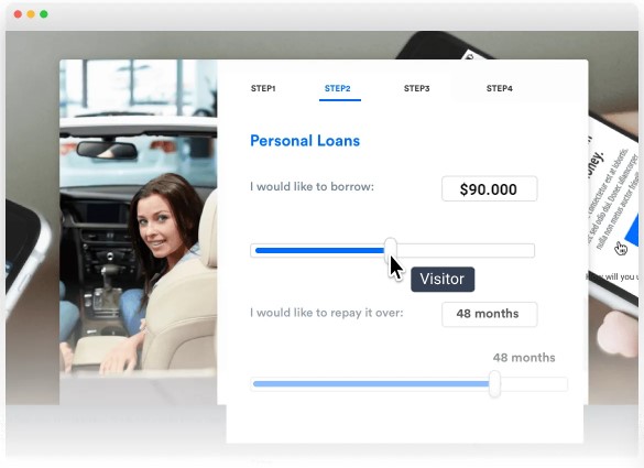 A digital interface shows a personal loan application, selecting $90,000 over 48 months. A smiling person is visible through a car window in the background.