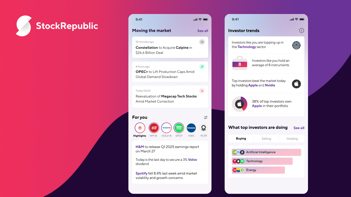 StockRepublic app interface on a gradient pink and purple background. Left screen shows market news; right screen displays investor trends and stock activities.