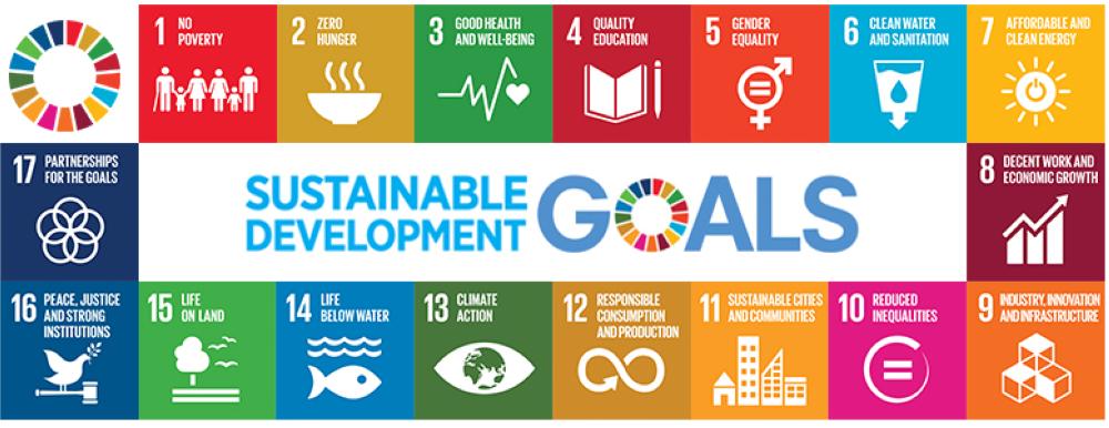 Colorful grid displaying 17 Sustainable Development Goals, numbered with icons and keywords like poverty, hunger, health, equality, and climate action.