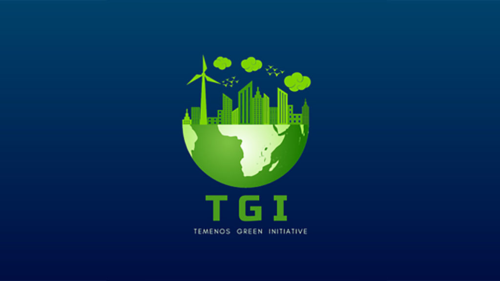 Green logo featuring a globe with wind turbines and city skyline on top, symbolizing sustainability. Birds and clouds enhance the eco-friendly theme.