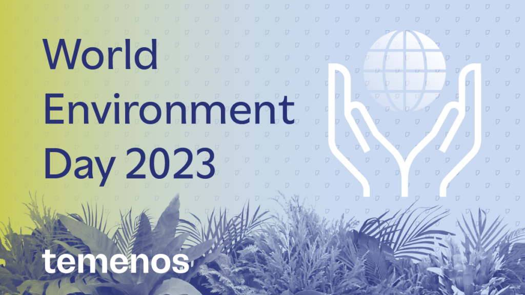 World Environment Day 2023 image with text on a blue-yellow gradient background. Features white globe-hands icon and foliage at the bottom, logo "temenos."