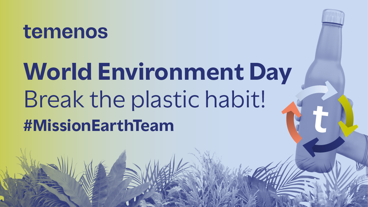 Blue and green graphic for World Environment Day with "Break the plastic habit!" slogan. Features a hand holding a bottle adorned with a colorful recycling symbol amid lush plants. Emotion: Urgent and hopeful.