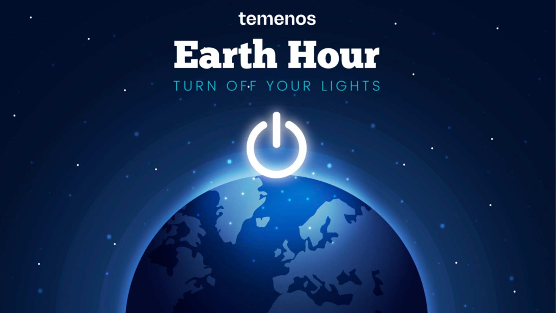 Illustration of Earth at night with glowing continents, a large power symbol above. Text reads "Earth Hour" and "Turn Off Your Lights" against starry sky.