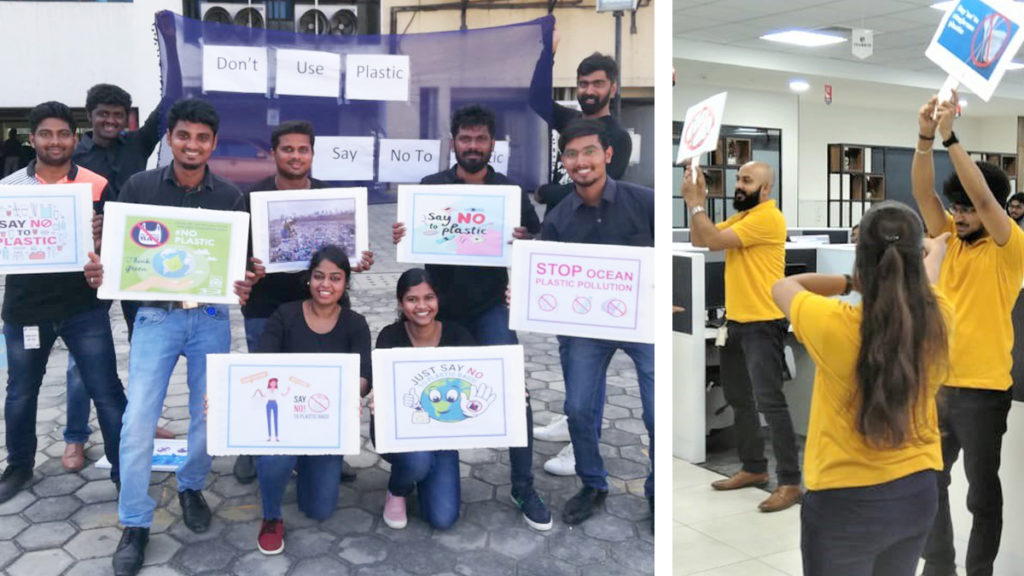 A group of people stands outdoors and indoors holding signs advocating against plastic use