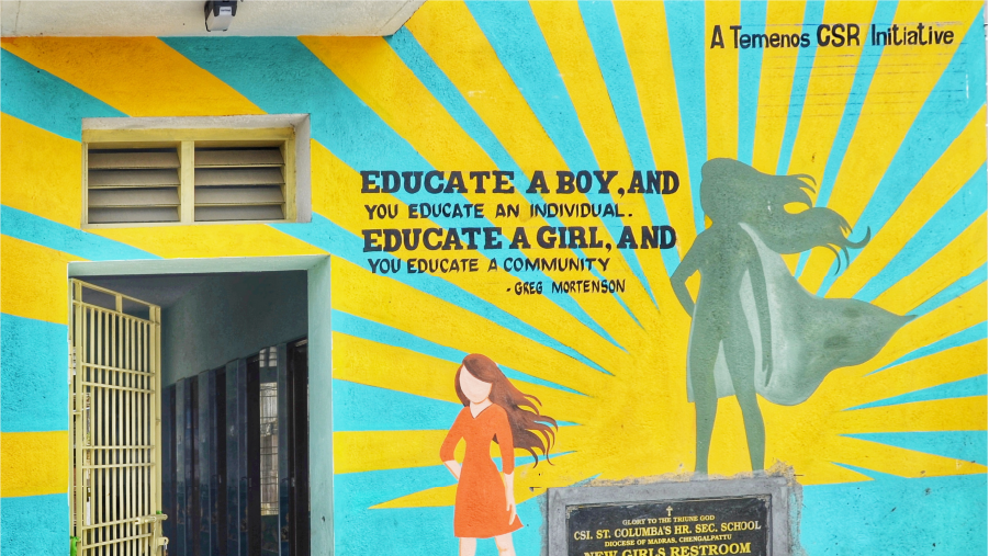 A vibrant mural features a girl in orange before a superhero shadow; blue and yellow rays surround them. Inspiring quote highlights girls' education.