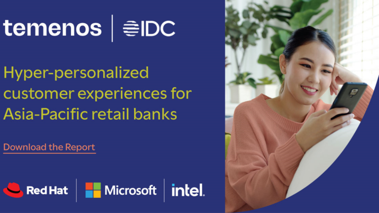 A woman in a pink sweater smiles while looking at her phone, symbolizing positive digital engagement. Text highlights a report on retail bank experiences.