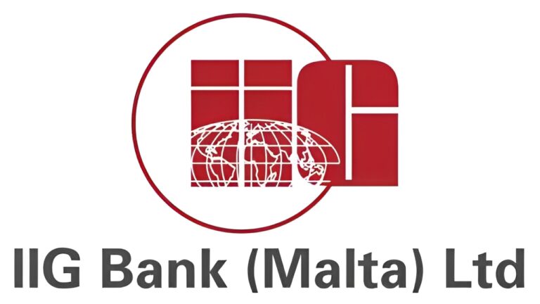 IIG Bank (Malta) LTD. Red logo with I G and large circle with world super imposed