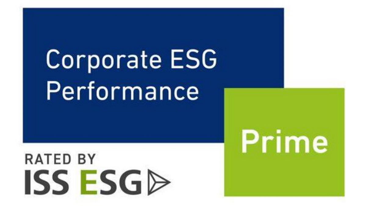 Blue and green graphic displaying "Corporate ESG Performance" and "Prime." Rated by ISS ESG logo below. Conveys high ESG stand