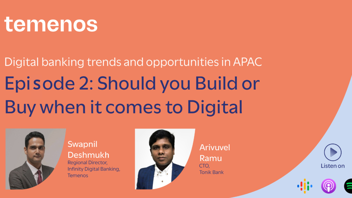 Webinar title slide: "Digital banking trends and opportunities in APAC, Episode 2: Should you Build or Buy when it comes to Digital" with two speaker photos.