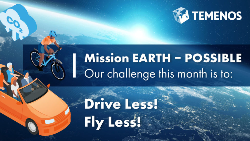 Mission Earth Possible poster with a cyclist and car over Earth from space, urging to 'Drive Less! Fly Less!' for CO2 reduction this month.