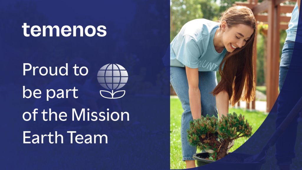 Young woman gardening with a smile in a sunny park, wearing a shirt that says "Volunteer." Text reads, "Proud to be part of the Mission Earth Team."