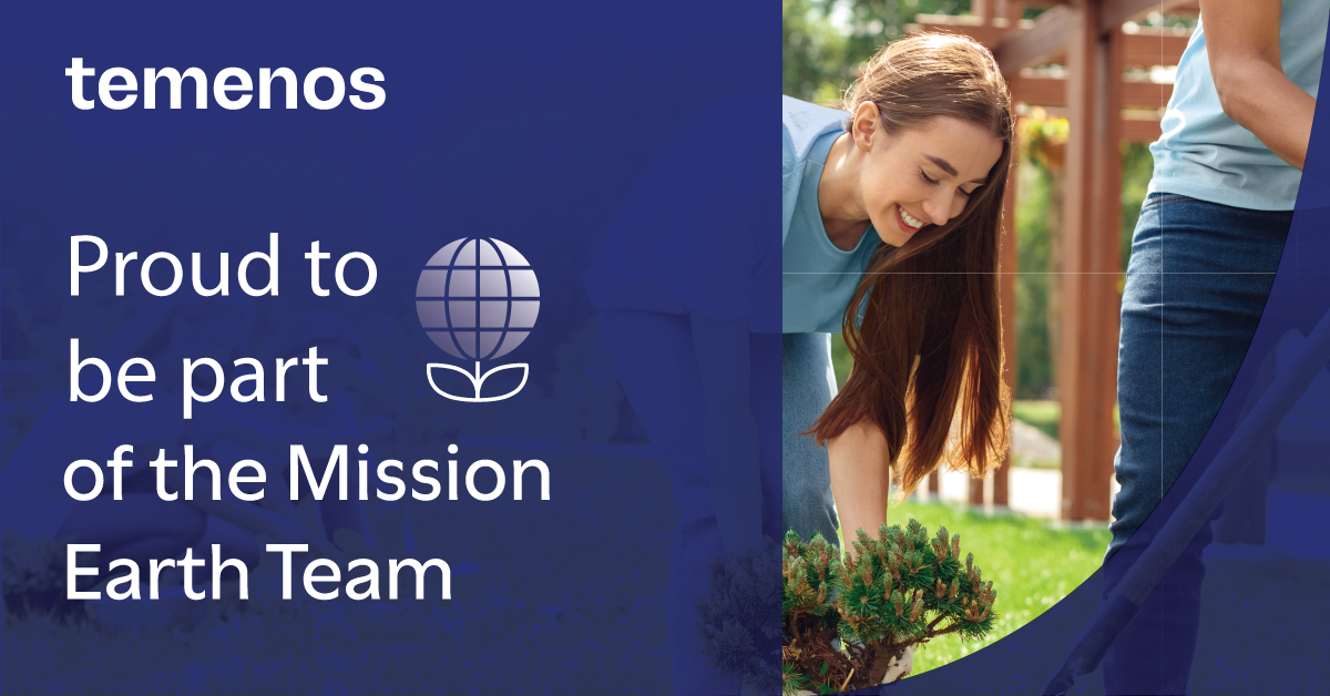 Woman gardening, smiling, in bright outdoor setting. Blue overlay with "temenos" and "Proud to be part of the Mission Earth Team." Earth and leaf icons.